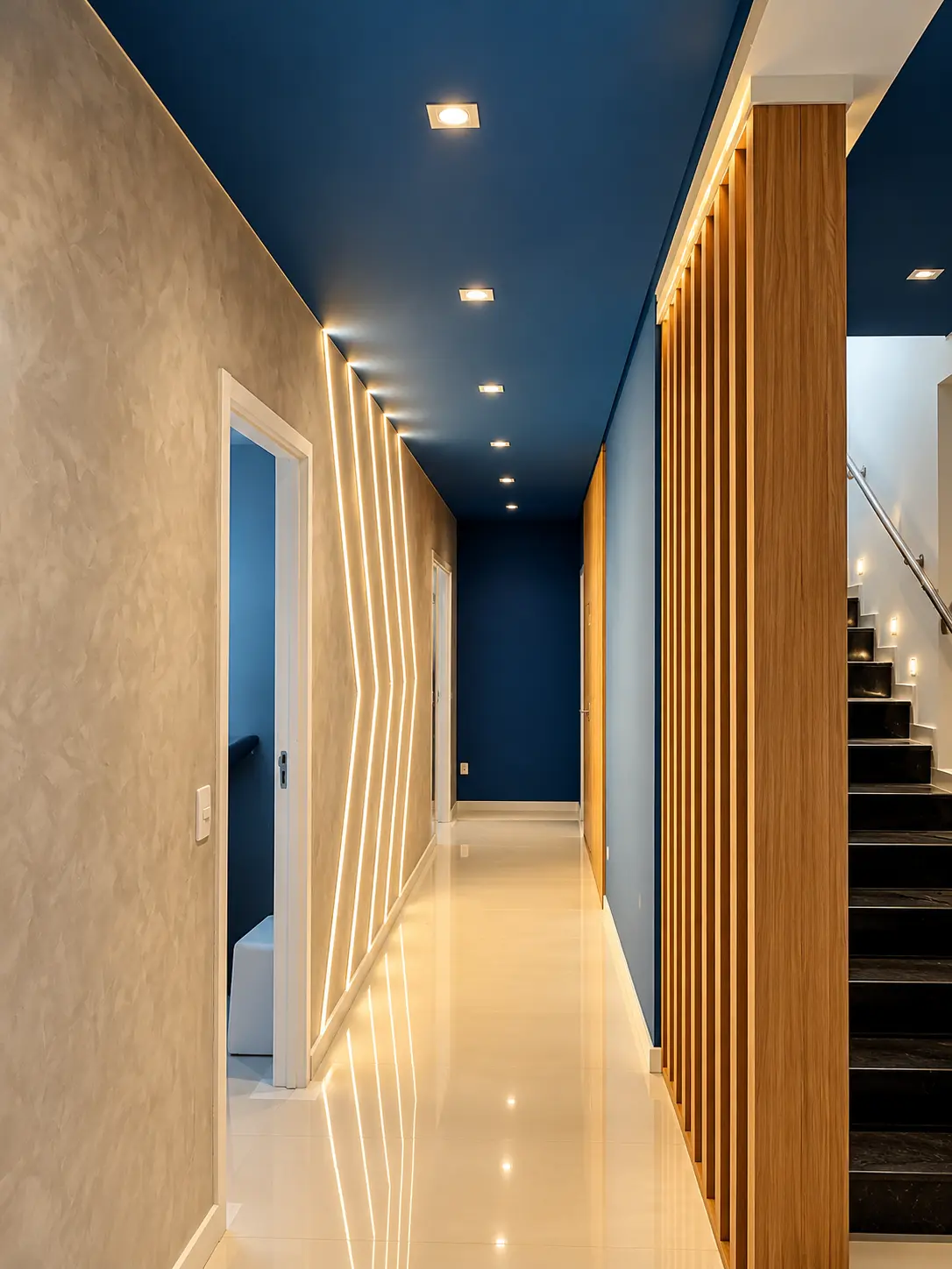 Corredor moderno com pintura azul e detalhes em madeira